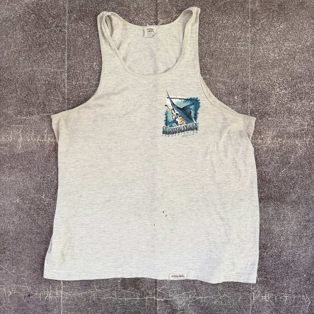 Men's Vintage 90s Crazy Shirts Hawaiian Sport Fishing Gray Tank Top T Shirt Sz M